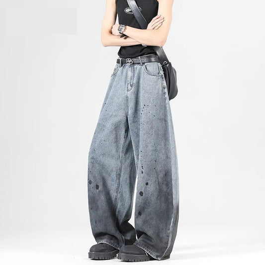 Women jeans retro gradient splash ink loose