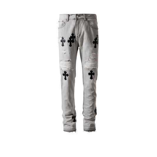 MIJKO Men's Vintage Pants MIJKO ripped trousers men's and women's washed water old jeans