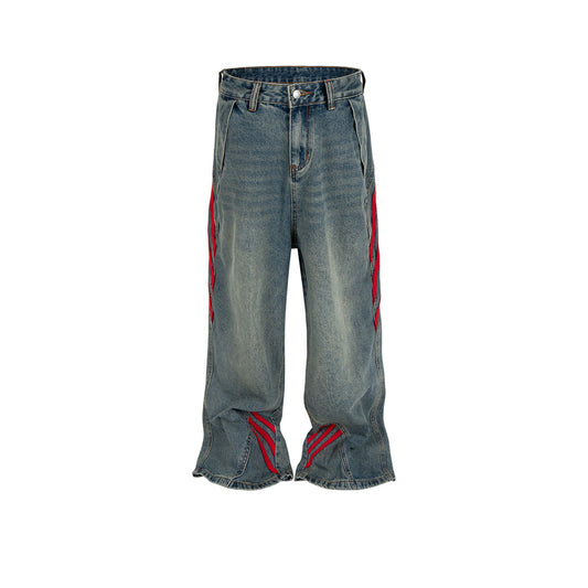 MIJKO Men's Vintage Pants MIJKO Jeans Splicing Men's and Women's Button Pants Long Pants