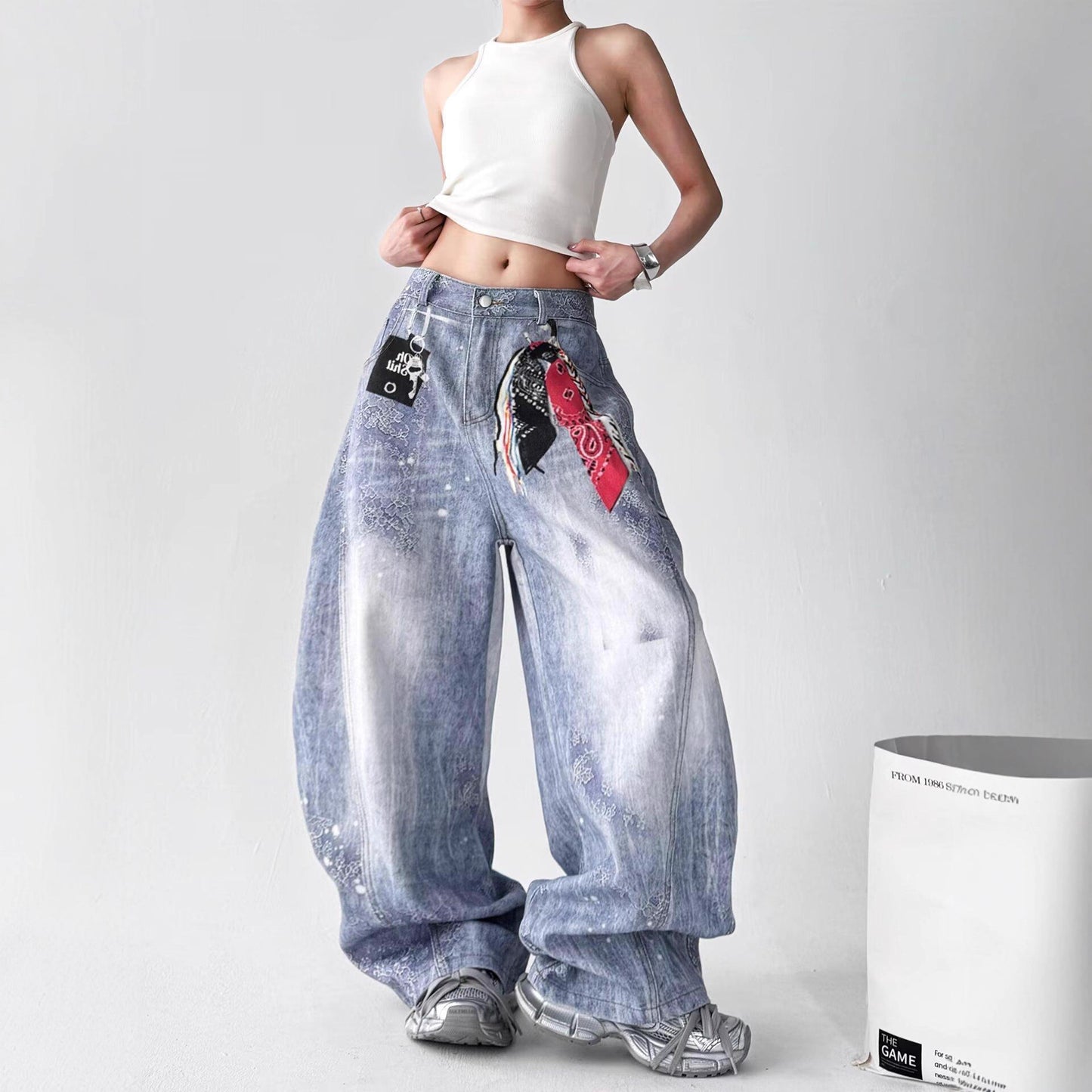 Women jeans retro wash print jeans hip hop slacks