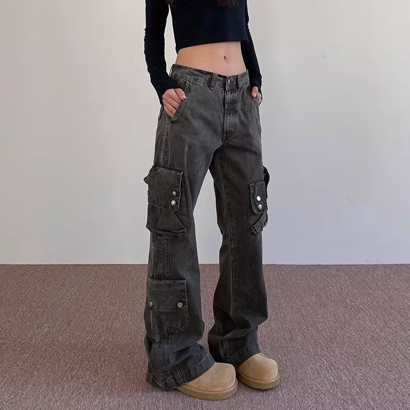 Women's jeans retro multi-pocket overalls for women