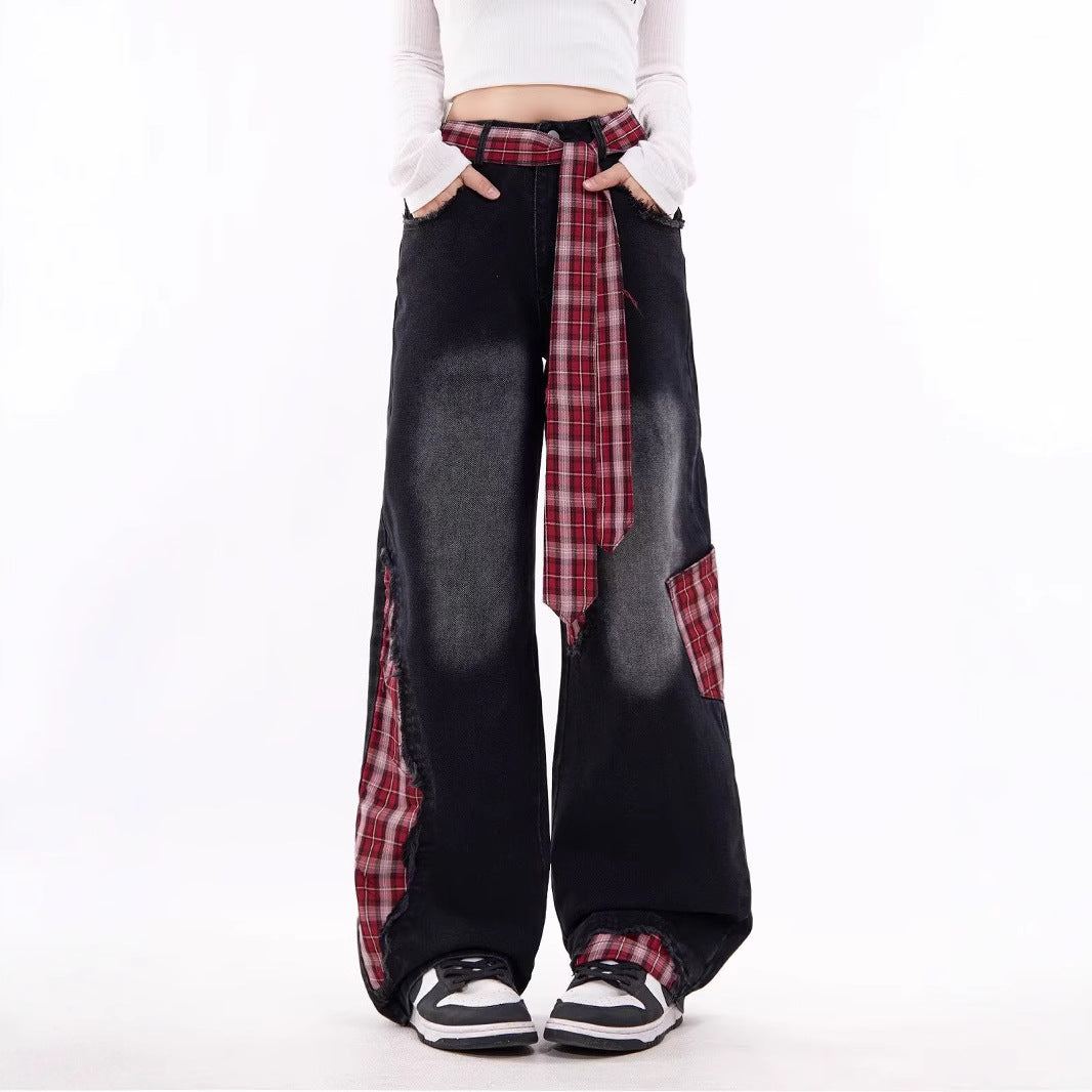 Women jeans women's spring autumlooseplaid patch