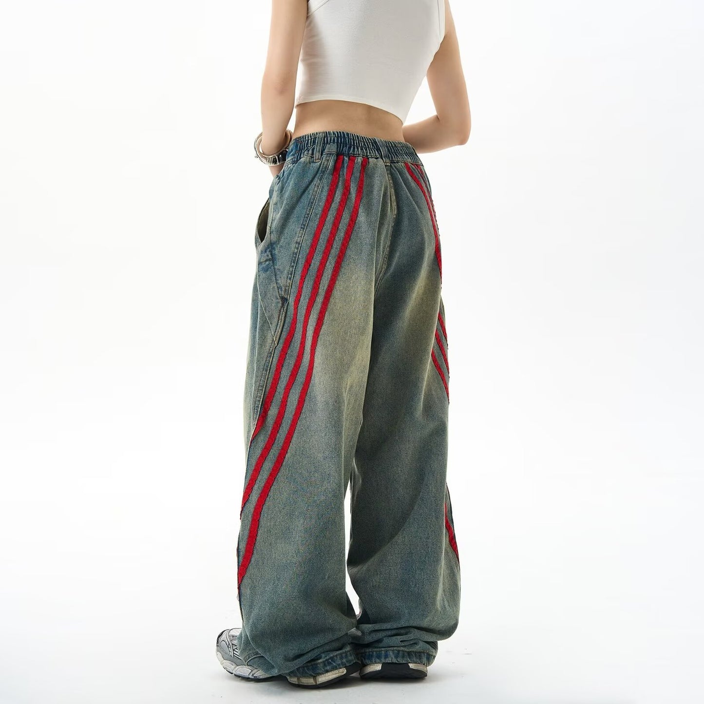 Women jeans retro red stripes women loose