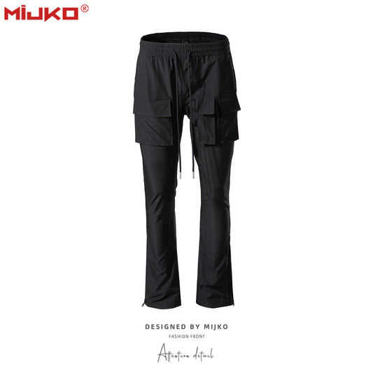 MIJKO Mens Vintage Pants Multi-Pocket Slim-Fit Zipper Wide-Foot Casual Pants