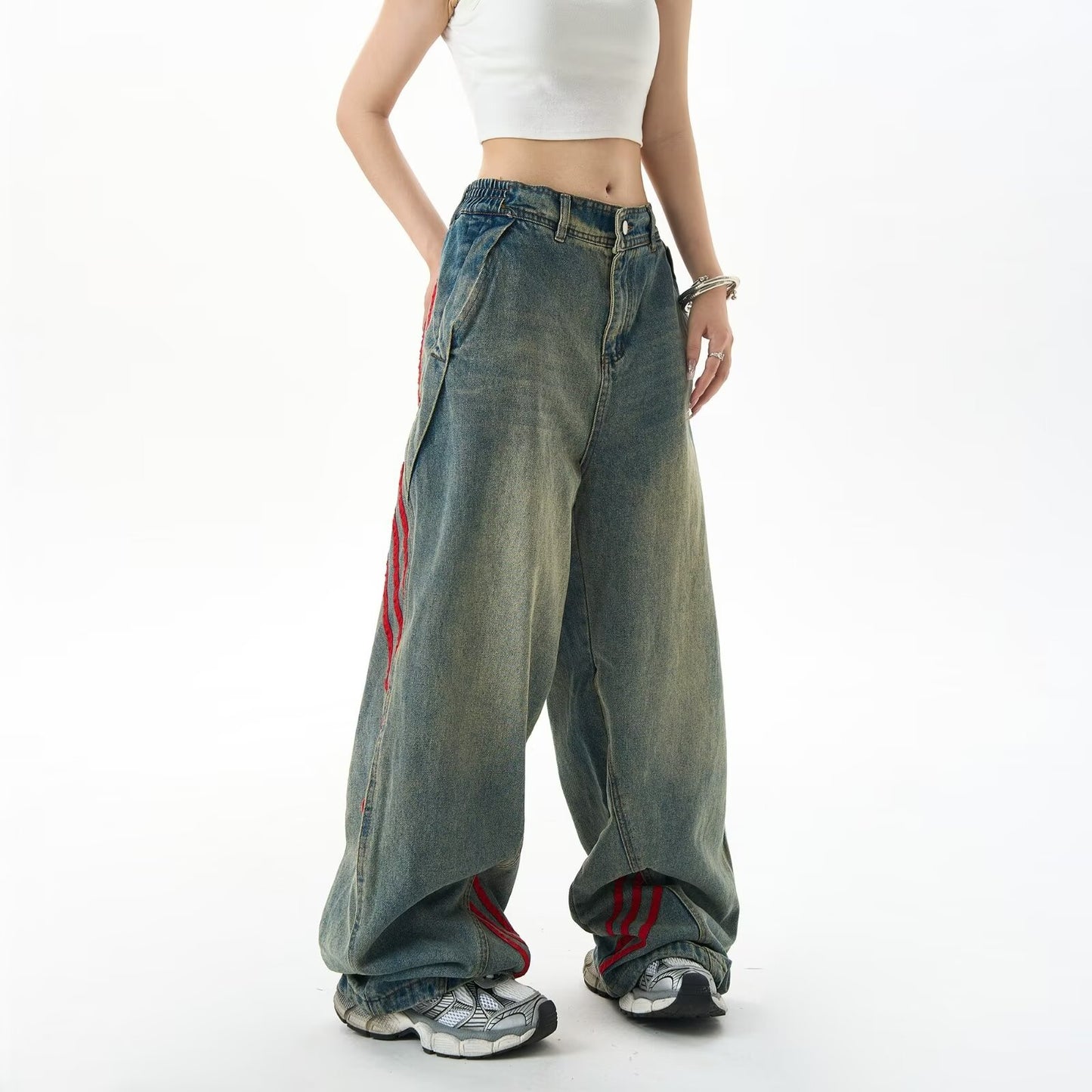 Women jeans retro red stripes women loose