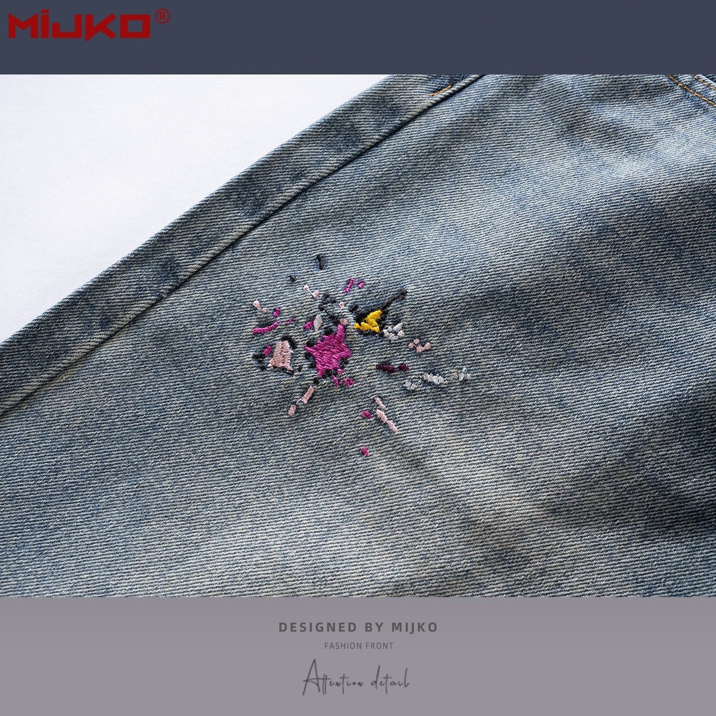 MIJKO Mens Vintage Pants Embroidery Embellished Slim-fitting Old Jeans
