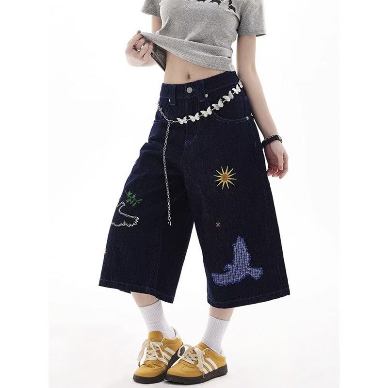 Women jeans fun embroidery design sense women loose wide leg pants