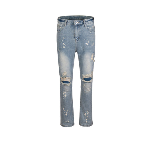 MIJKO Men Vintage Pants MIJKO Straight Ripped Pants Washed Jeans