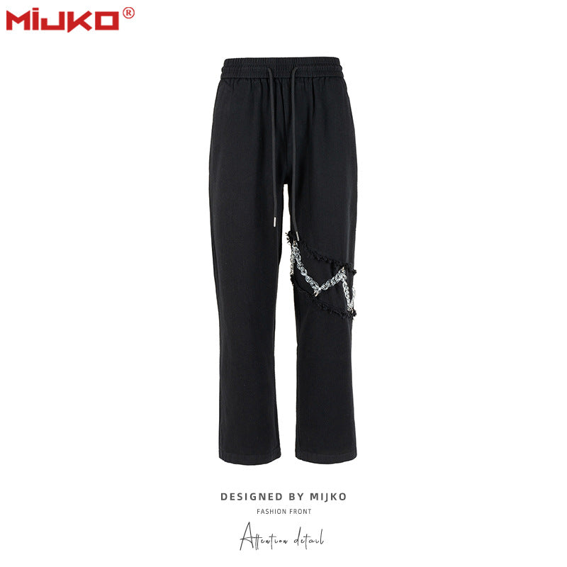 MIJKO Mens Vintage Pants Chain Embellished Drawstring Casual Bootcut Pants