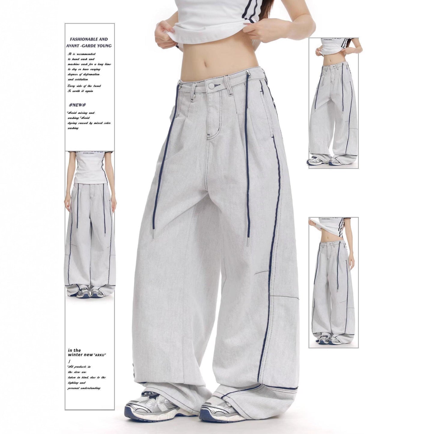 Women jeans patchworkretro topstitch