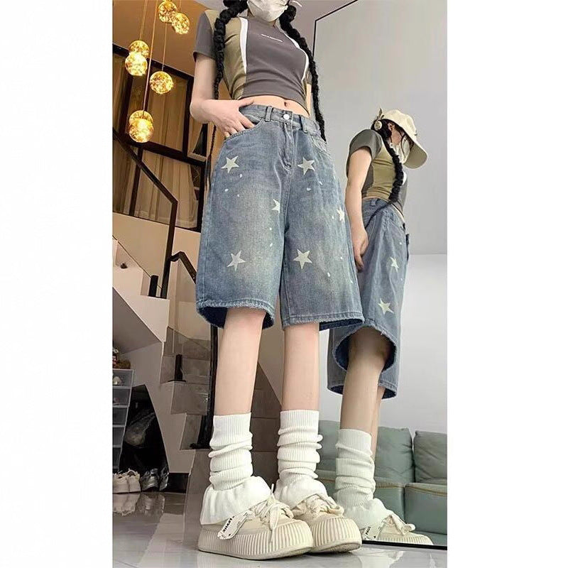 Women jeans retro summer loosehigh waisthalf length pants