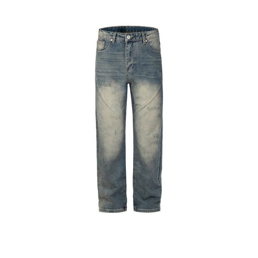 MIJKO Mens Vintage Pants MIJKO Splicing Bug Bite Damage Trousers Straight High Street Jeans