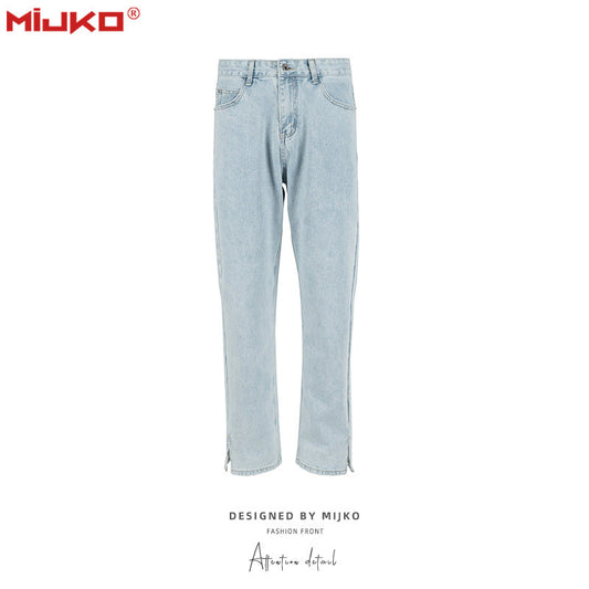 MIJKO Mens Vintage Pants Straight Ripped Split Jeans