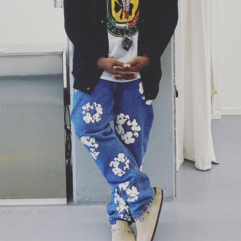 MIJKO Men's Vintage Pants MIJKO Men's and Women's Autumn and Winter VINTAGE Cotton Printed Straight Jeans