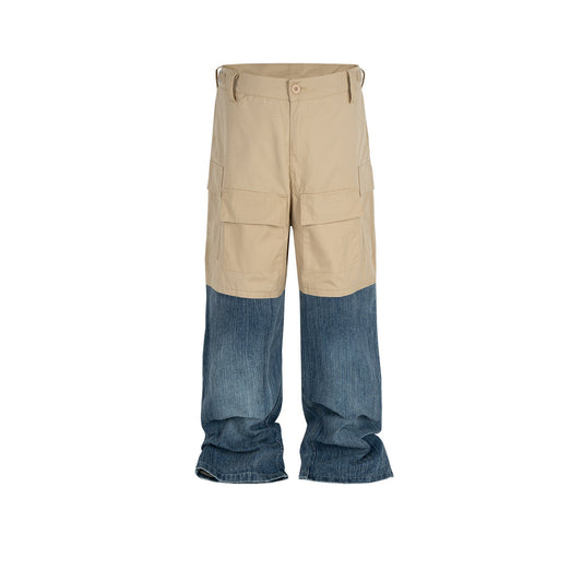 MIJKO Men's Vintage Pants MIJKO Men's Women's Spliced Denim Wide-Leg Overalls Bag Casual Pants