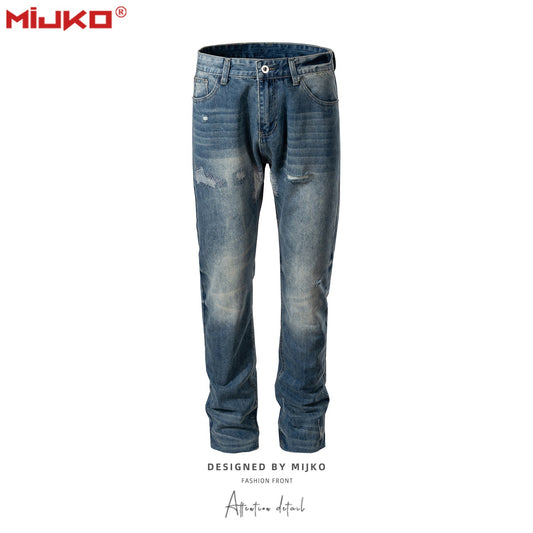 MIJKO Mens Vintage Pants Ragged Patch Unisex Jeans