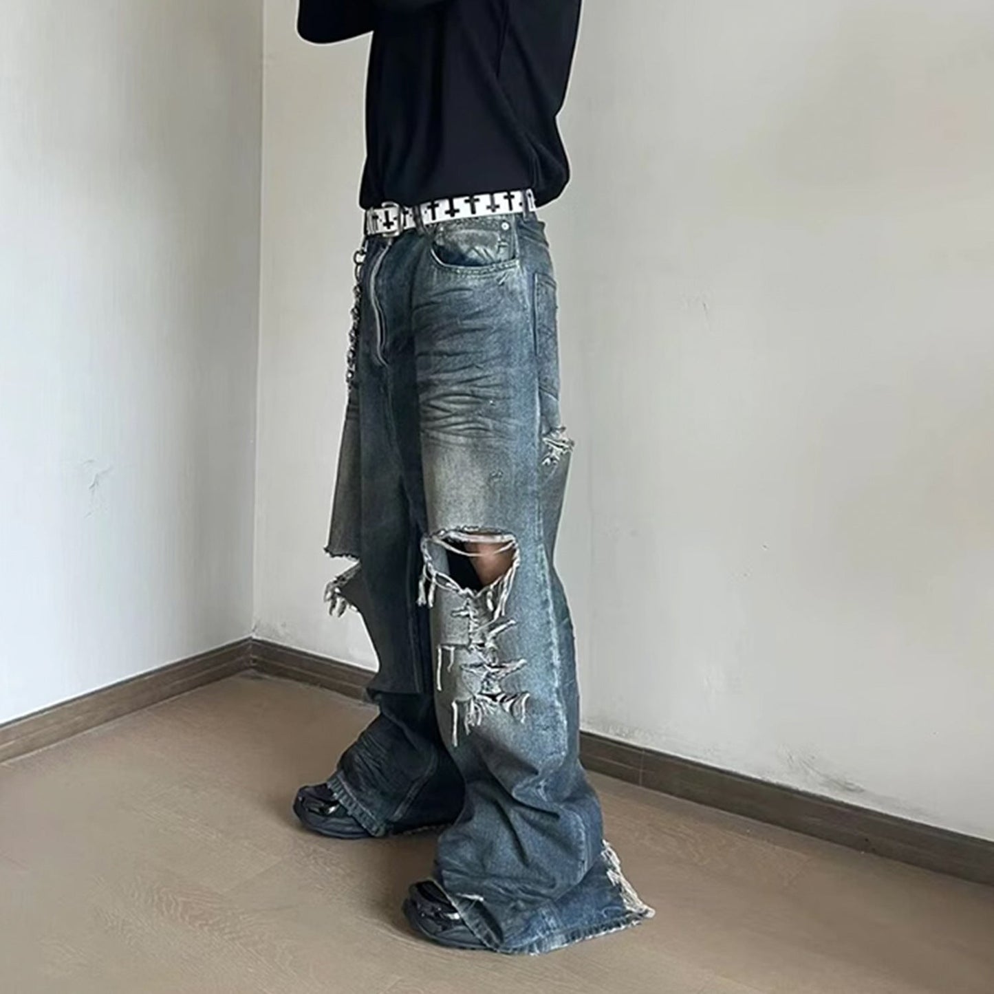 MIJKO Mens Vintage Pants MIJKO Vintage Washed Old Crease Textured Jeans