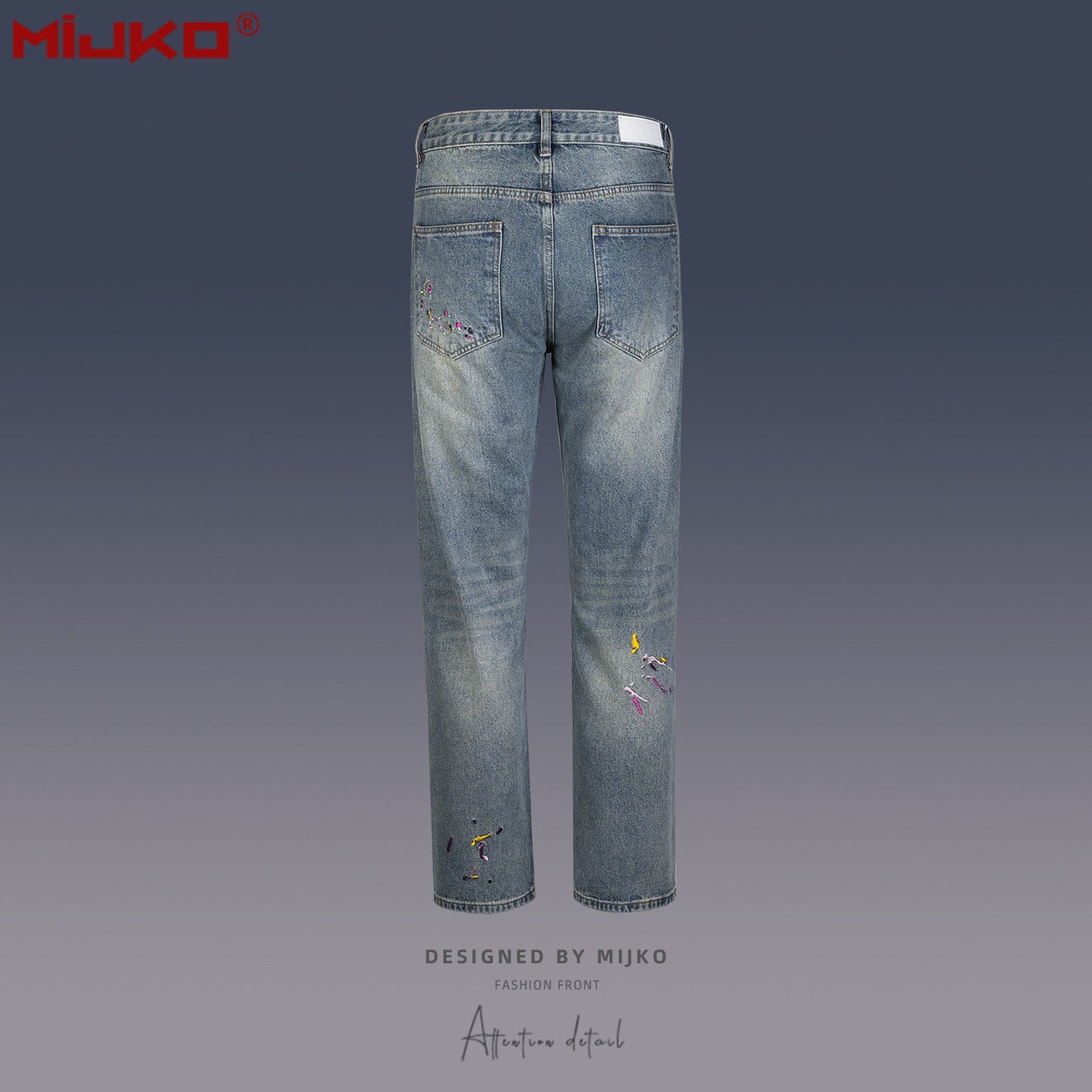 MIJKO Mens Vintage Pants Embroidery Embellished Slim-fitting Old Jeans