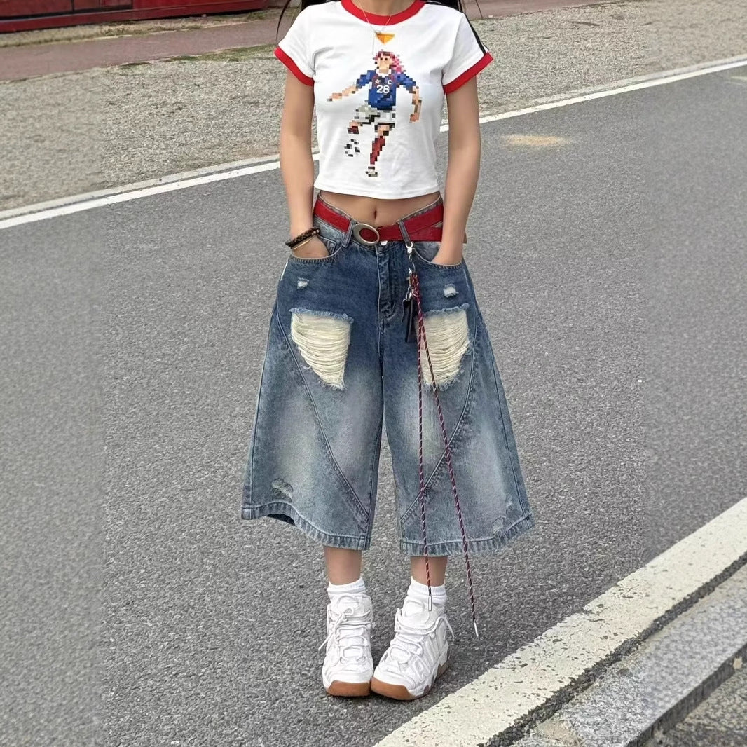 Women's jeans women's summer ripped cropped pants loose