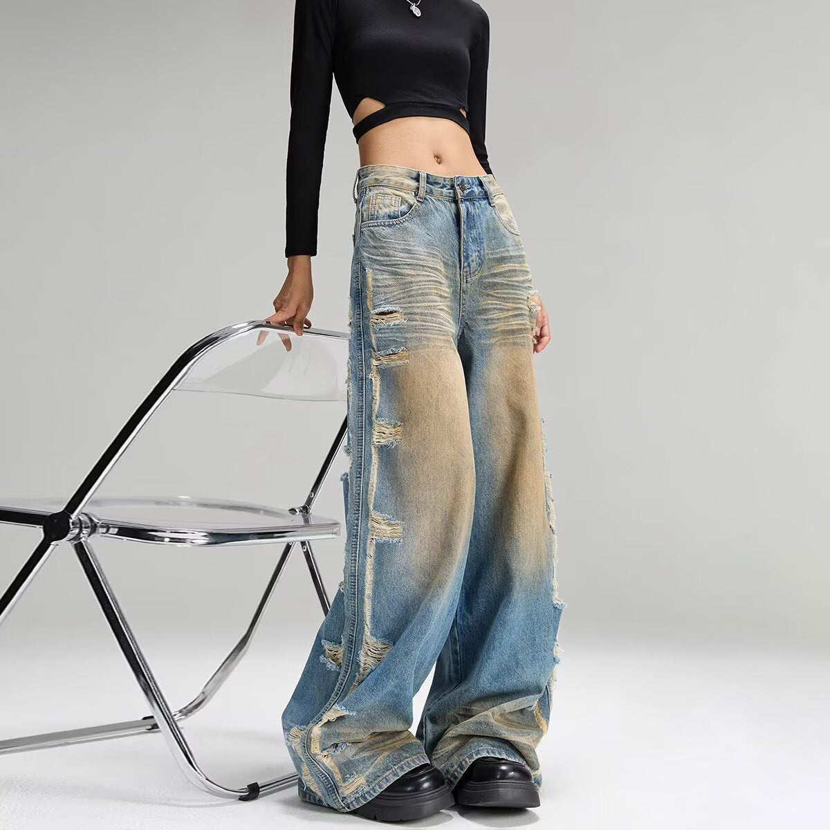 Women jeans ripped rough edge women spring and autumn loose