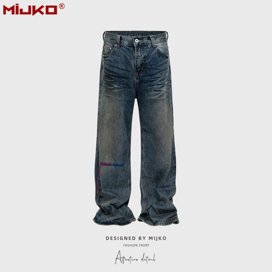 MIJKO Mens Vintage Pants Washed Water Old Embroidered Unisex Pants