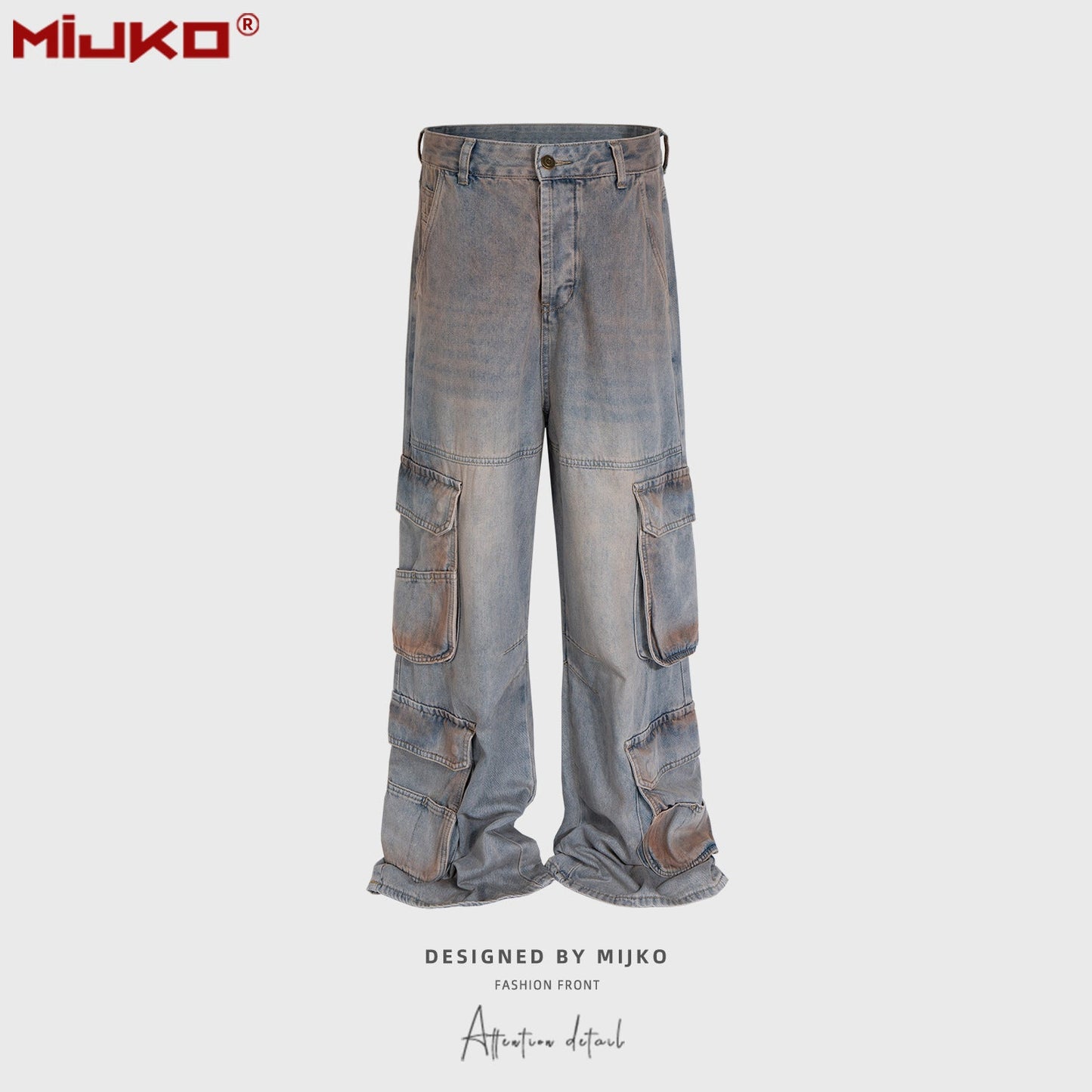 MIJKO Mens Vintage Pants Multi Pocket Make Old Wide Leg Unisex Jeans