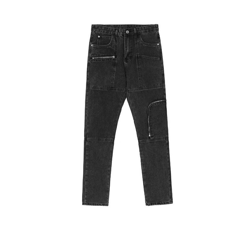 MIJKO Men Vintage Pants MIJKO Zip Washed Old Trousers High Street Straight Jeans