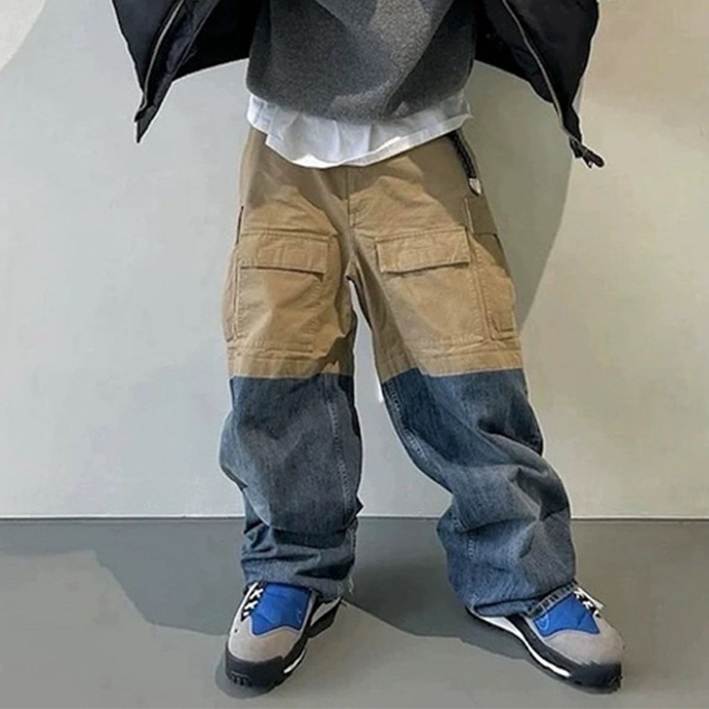 MIJKO Men's Vintage Pants MIJKO Men's Women's Spliced Denim Wide-Leg Overalls Bag Casual Pants