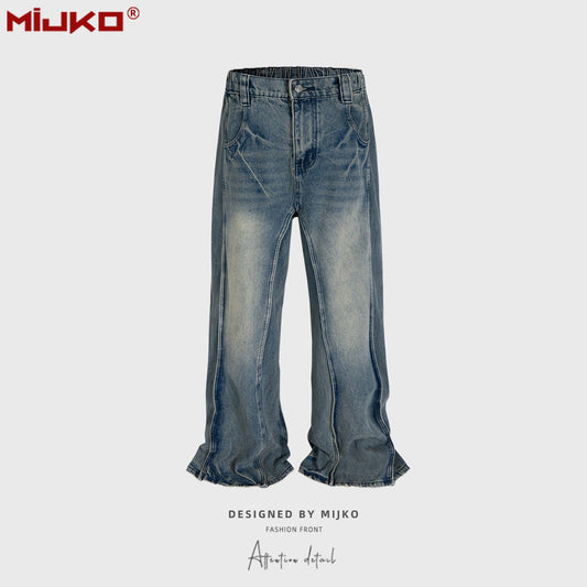 MIJKO Mens Vintage Pants Stretch Old Jeans