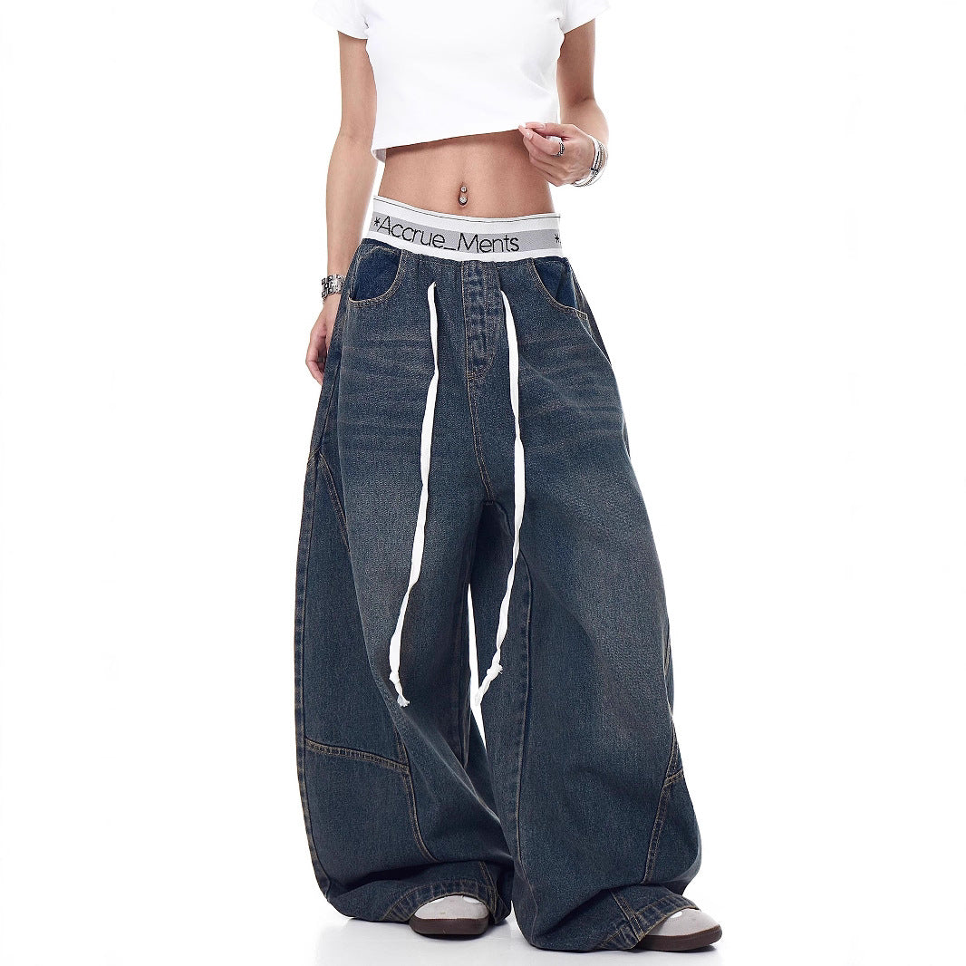 Women Jeans Washed Denim Scimitar Pants Summer Loose, Casual Hip Hop Wide Leg Pants