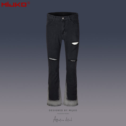 MIJKO Mens Vintage Pants Splicing Knife Cut Ripped Unisex Jeans