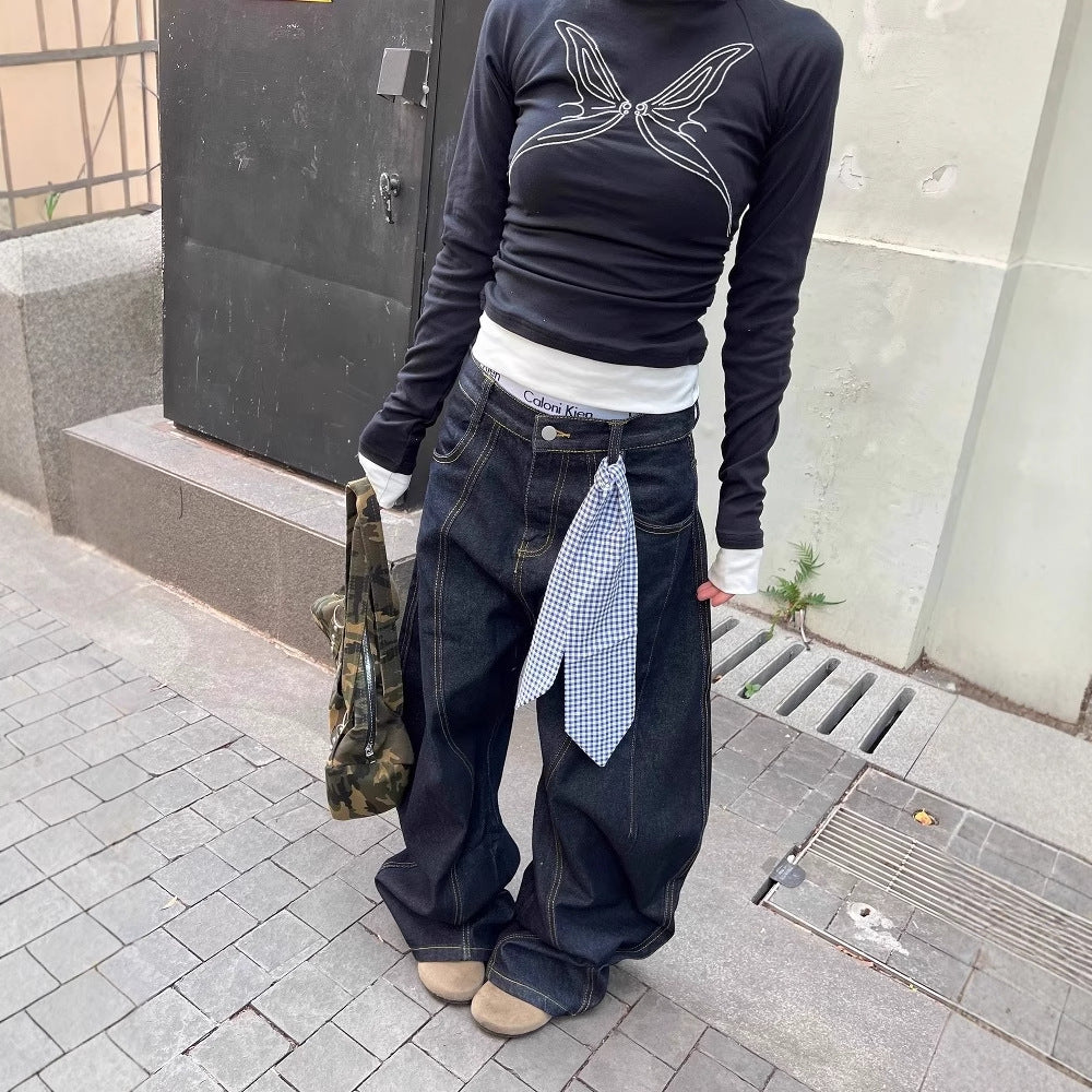 Women jeans retro washed scimitar jeans loose wide-leg casual trousers