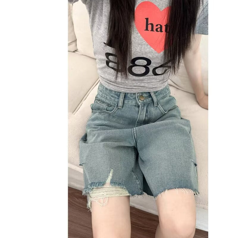 Women jeans ripped women summerhigh waistloose denim half length pants