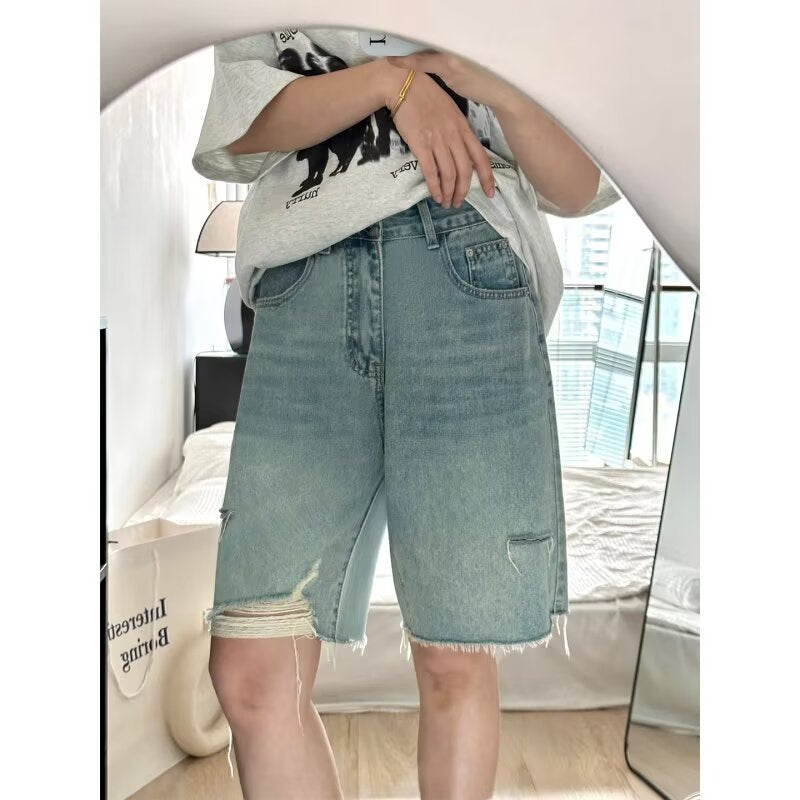 Women jeans retro ripped summerhigh waistloosehalf length pants