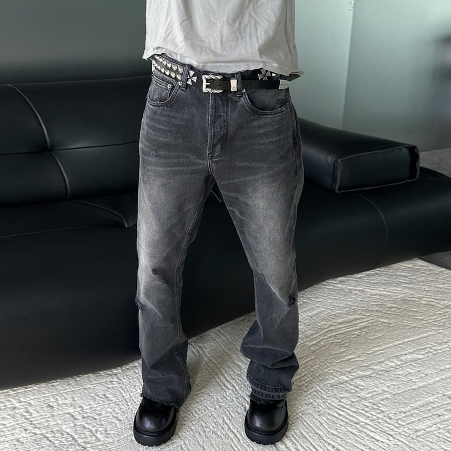 MIJKO Men's Vintage Pants MIJKO Men's Women's Old Pussy Beard Pants Long Pants Slight Pull Jeans