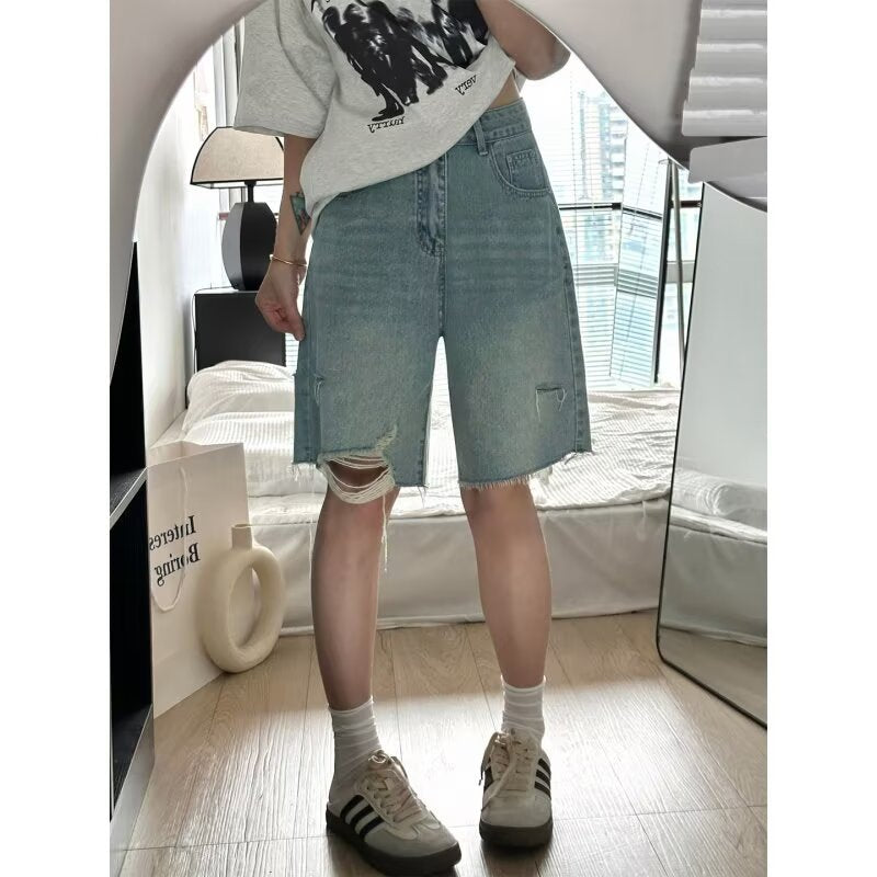 Women jeans retro ripped summerhigh waistloosehalf length pants