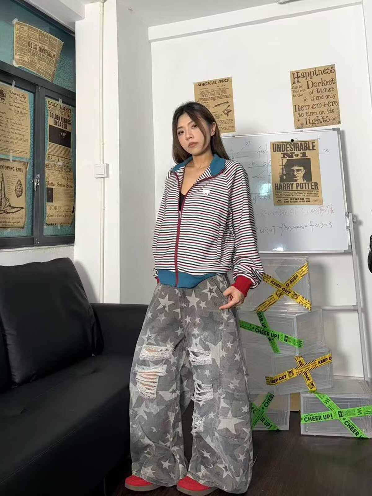 Women jeans hip hop hiphop ripped star print washed jeans