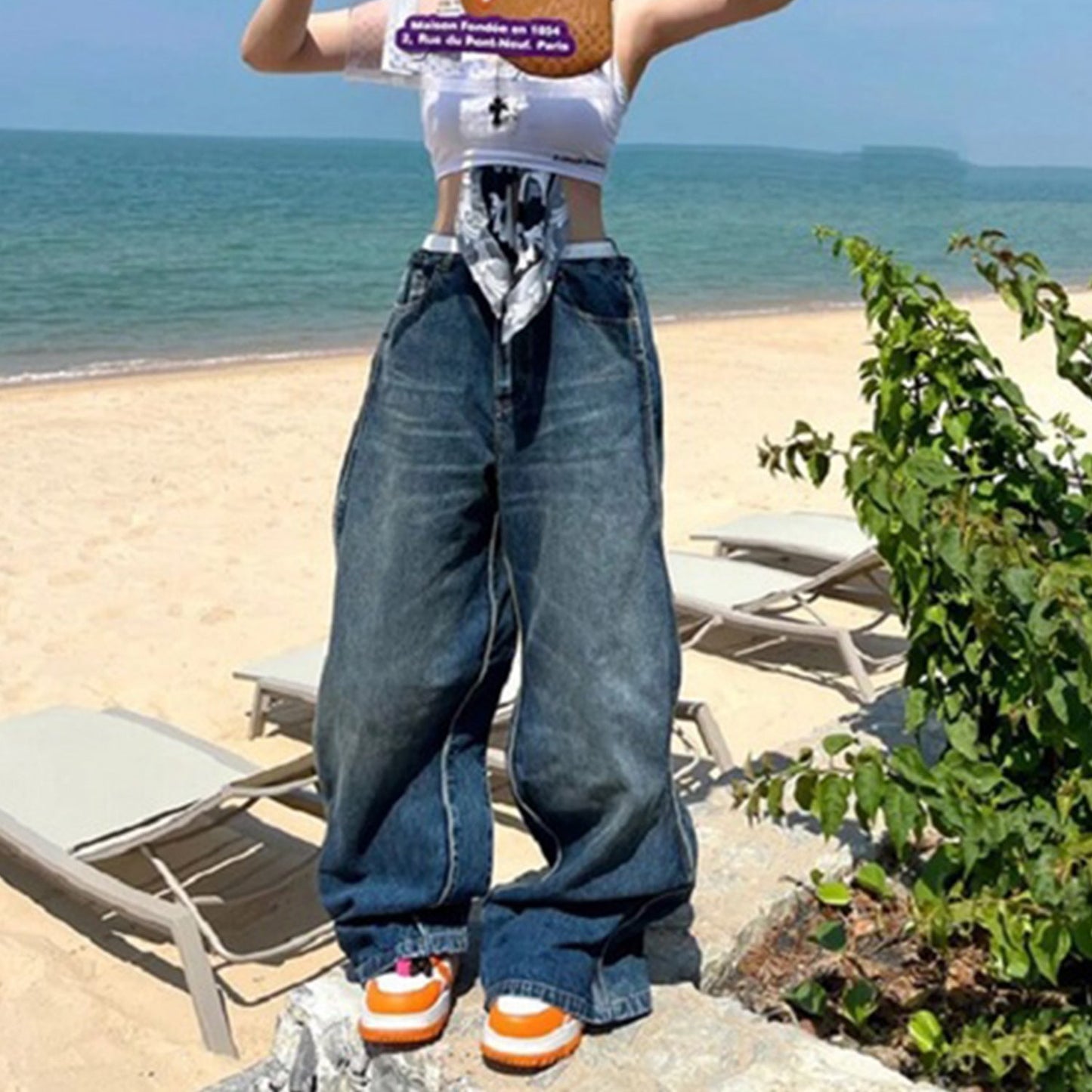 MIJKO Men's Vintage Pants MIJKO Men's Women's Wave Design Washed Old Blue Jeans