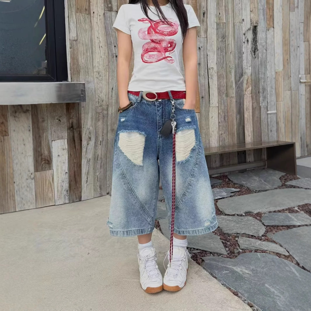 Women's jeans women's summer ripped cropped pants loose