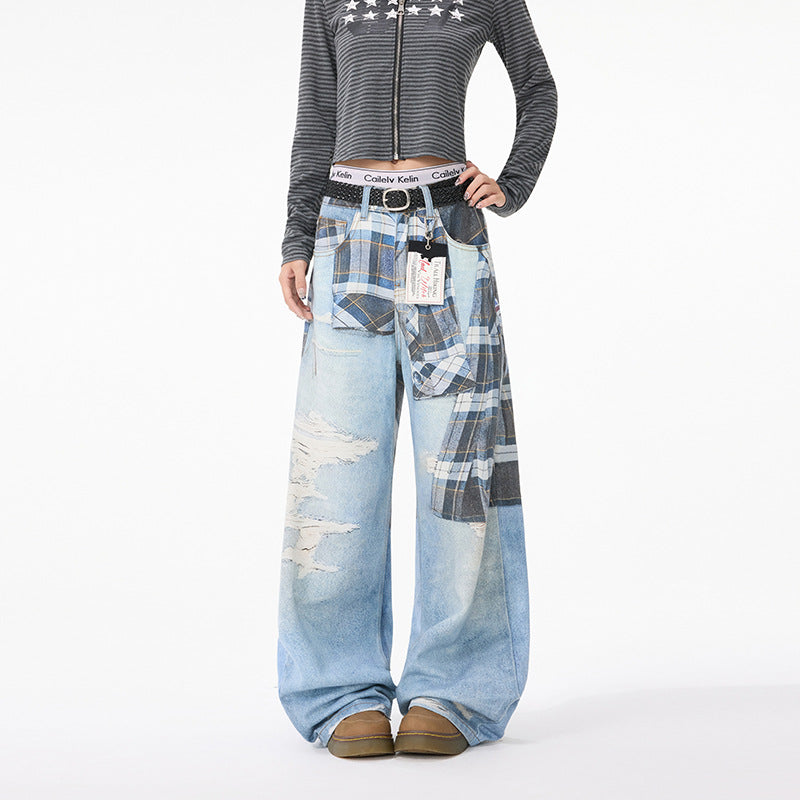 Women jeans retro ripped high waist loose women