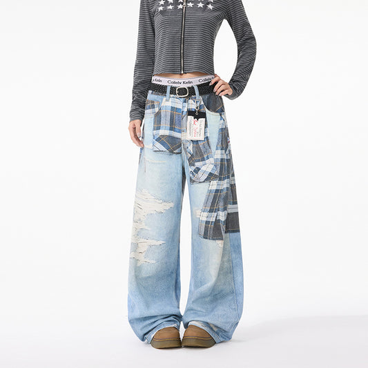 Women jeans retro ripped high waist loose women