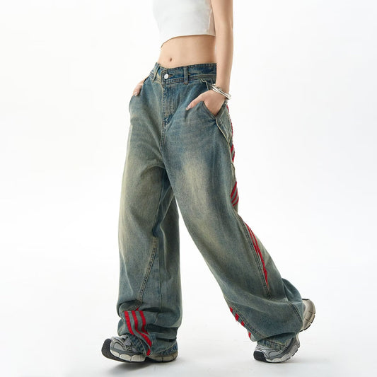 Women jeans retro red stripes women loose