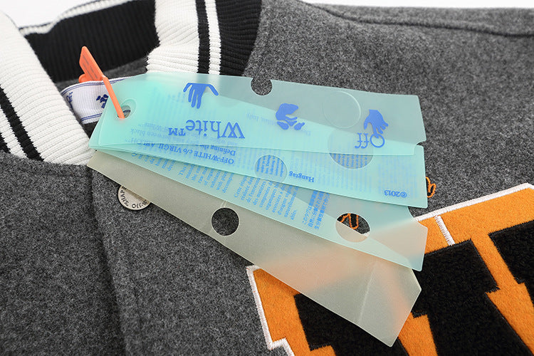Off White Jacket Spring OW Skull Decal Woolen Splicing Leather Sleeve Heavy Industry Embroidered Jacket