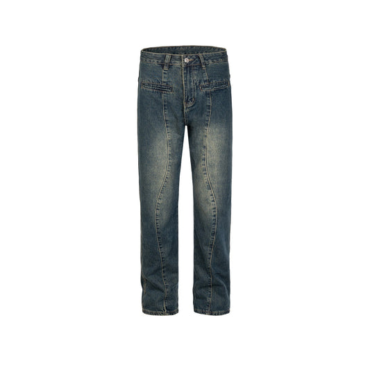 MIJKO Mens Vintage Pants MIJKO Splicing Trousers Washed Jeans