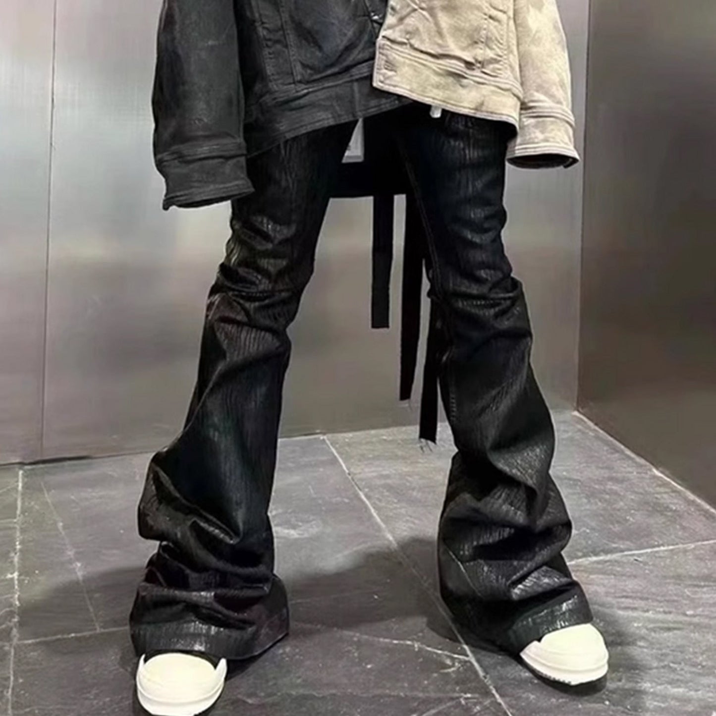 MIJKO Men's Vintage Pants MIJKO Jeans Men's and Women's Back Ribbon Drawstring Black Trousers