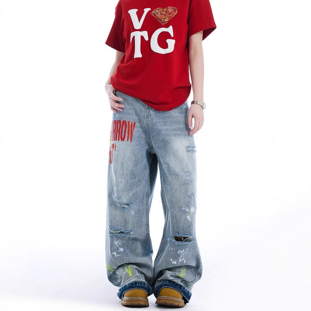 Women jeans ripped and splashed ink women's retroloose