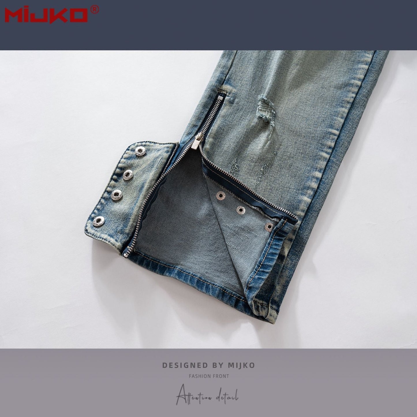 MIJKO Mens Vintage Pants Slim Fit Wash Old Ripped Blue Jeans