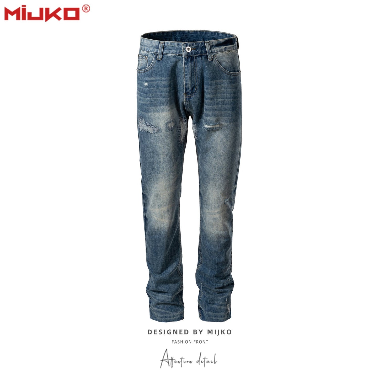 MIJKO Mens Vintage Pants Ragged Patch Unisex Jeans
