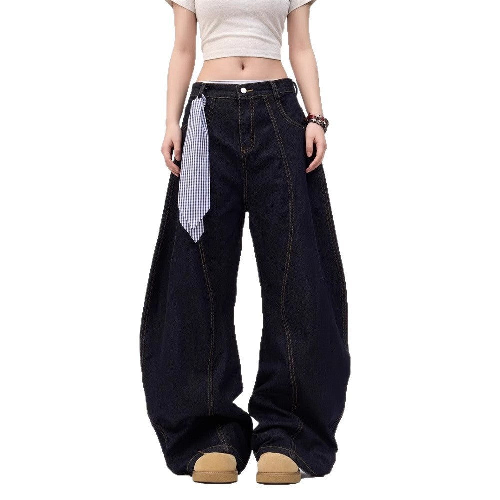 Women jeans retro washed scimitar jeans loose wide-leg casual trousers