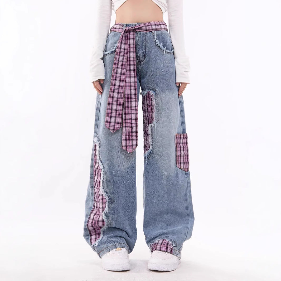 Women jeans women's spring autumlooseplaid patch